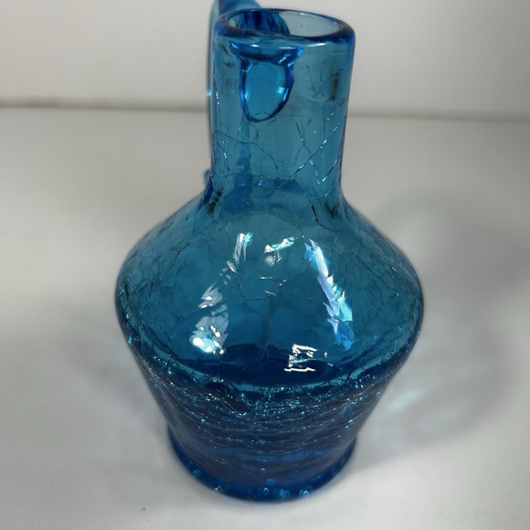 Vintage Blue Crackle Glass Mini Pitcher 4" Hand Blown Applied Handle - Picture 2 of 6